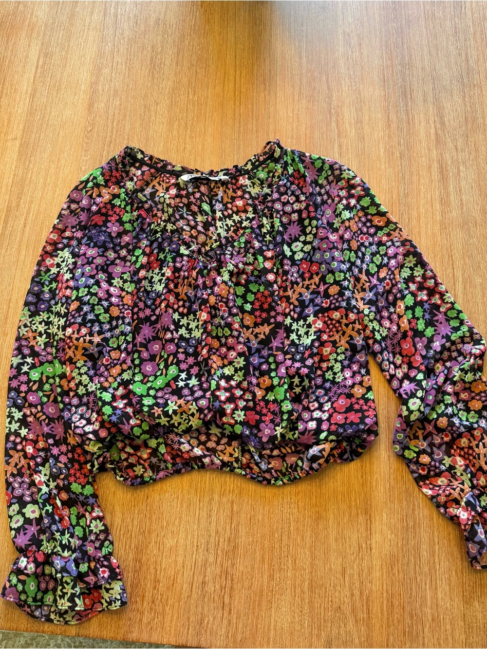 Zara Black Floral Smocked Waist Long-Sleeve Blouse